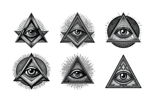 set of hand drawn triangle eye. the eye of providence. black and white freemason illuminati symbol vector illustration
