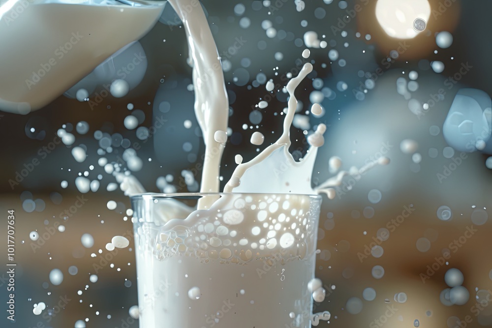 Aufkleber A stream of milk flows into a glass, causing splashes and droplets to scatter in a well-lit indoor environment filled with soft bokeh. Generative AI