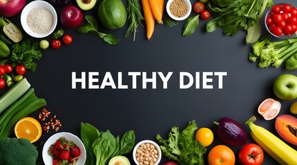 illustration of fresh, ripe vegetables on a board, including tomatoes, peppers, cucumbers, apples, and oranges, perfect for healthy, vegetarian diet with healthy diet text, best for diet program