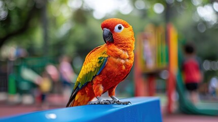 Vibrant sun conure perched in a playground setting