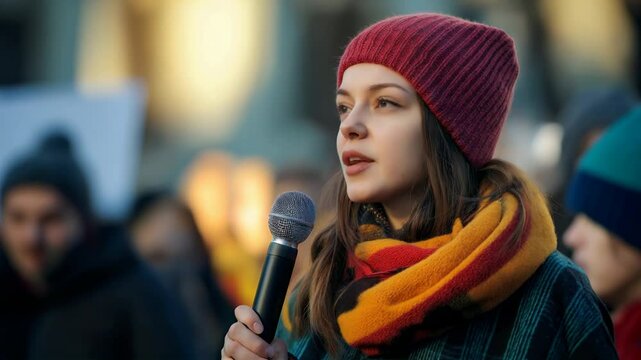 Young woman speaking at a protest rally
