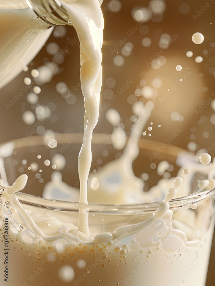 Fototapete A glass is filled with fresh milk as it is poured, resulting in dynamic splashes and droplets that create a refreshing atmosphere. Generative AI