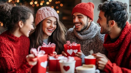 Group of Friends Sharing Gifts and Laughter During the Holidays