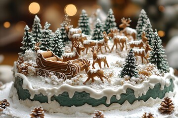 Decorated Christmas Cake with Reindeer Scene