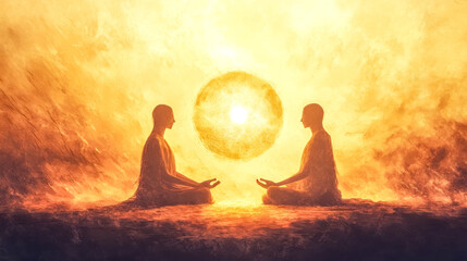 Two monks meditating together facing glowing orb