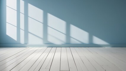 Fototapeta premium Light and Shadow on Blue Wall with White Wooden Floor.