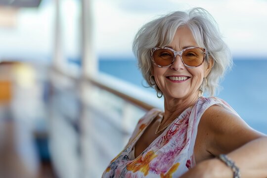 A woman wearing sunglasses and a floral dress is smiling at the camera. She is standing on a boat and she is enjoying the view