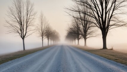 Obraz premium Misty gravel road lined with bare trees in a serene landscape during early morning.