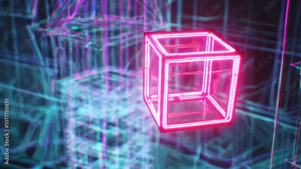Poster a neon cube moving through a glowing wireframe world, bouncing off walls with synthwave music pulses