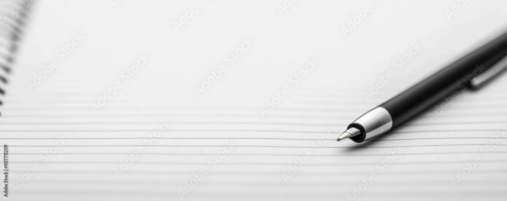 Poster blank white notebook page with a black pen placed on it ready for writing a new chapter or starting 