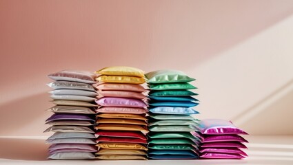 Stack of Colorful Sachets on Pink Background.