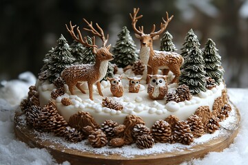 Fototapeta premium Festive Decorated Cake with Animals and Trees