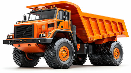 3D Render of an Orange Dump Truck with Large Tires,  Positioned on a White Background, Designed for Construction and Industrial Tasks
