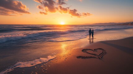 Couple Silhouetted on Beach at Sunset with Heart Drawn in Sand