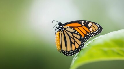 Fototapeta premium Close up of a vibrant orange and black butterfly emerging from its chrysalis symbolizing transformation growth and the start of a new chapter