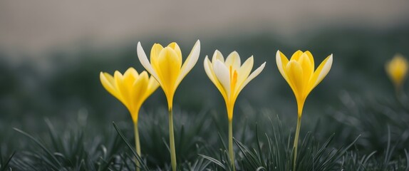 Three Yellow Crocuses Blooming in a Dark Green Meadow.