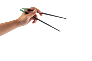 Black chopsticks for rice and hand on a transparent background