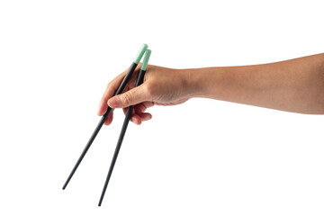Black chopsticks for rice and hand on a transparent background