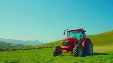  a red tractor plowing through a lush green soybean field under a clear blue sky, showcasing the...