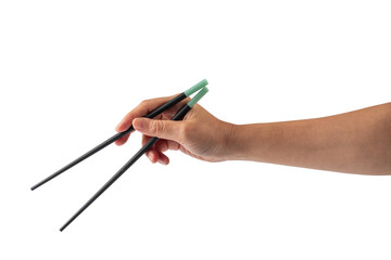 Black chopsticks for rice and hand on a transparent background