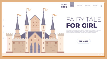 Grand castle with spires and flags set against a light background. Ideal for childrens stories, fantasy themes, girls fairy tales, website designs, and magical adventures. Soft, pastel vector