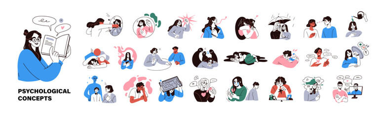 Psychological and mental health concepts. Characters with psychology and mind problems, disorders, anxiety and fear emotions, depression, stress. Flat vector illustrations isolated on white background