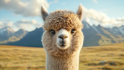 Obraz premium A close-up view of a fluffy alpaca showcasing its soft, curly wool as it grazes peacefully in a vibrant meadow.