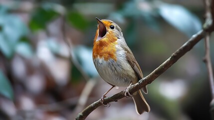 Fototapeta premium Vibrant Robin Singing in the Forest: A Captivating Display of Nature's Melody