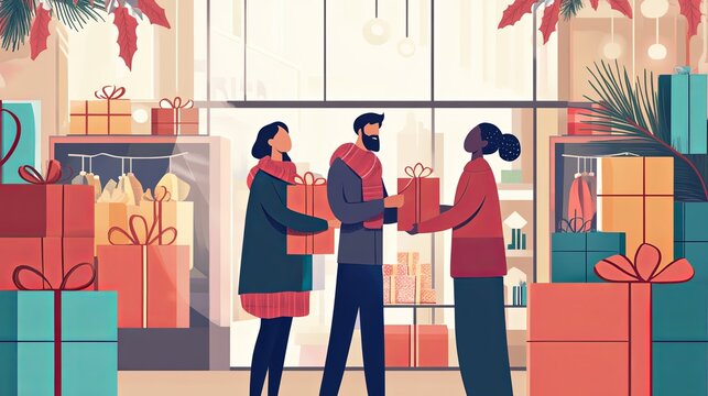 A bright and festive retail environment, filled with diverse shoppers joyfully selecting gifts. a.