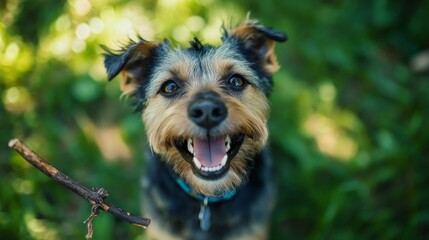 Close-up of a dog with a happy grin, enjoying a sunny day at the park with a stick