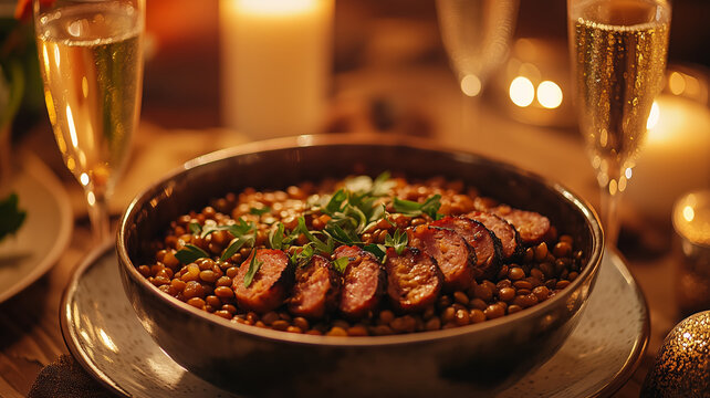 A festive table adorned with cotechino and lentils, a classic Italian dish symbolizing prosperity, ready to celebrate New Year's Eve with family and friends.