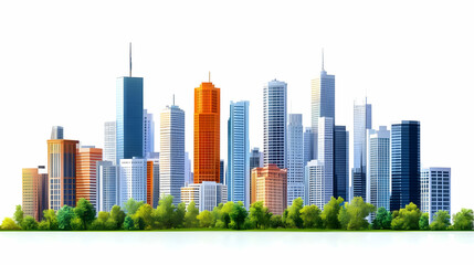 Fototapeta premium 3D Illustration of a Modern City Skyline with Tall Buildings and Green Trees in Front of a White Background
