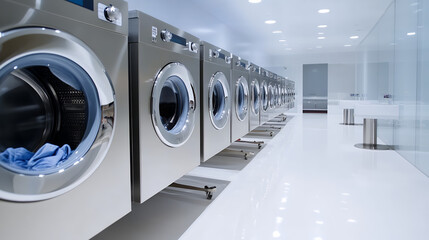 A row of shiny washing machines in a laundry room.
