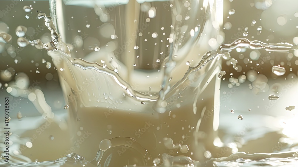 Aufkleber a glass of milk tips over on a kitchen counter, creating a dynamic splash with droplets flying in al