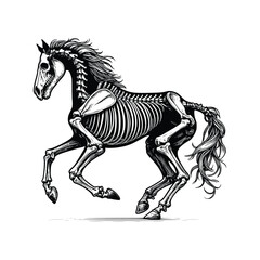 Horse skeleton line art, hand drawn in a black and white vector style