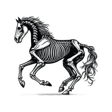 Horse skeleton line art, hand drawn in a black and white vector style