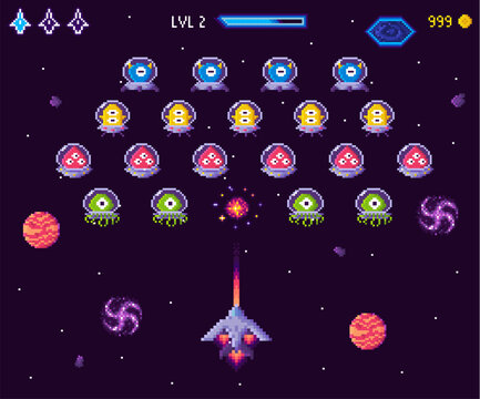 Spaceship attacking rows of alien invaders in a pixel art style. Retro gaming vibe with colorful planets and stars. Ideal for classic arcade, space adventure, retro gaming, nostalgic fun, sci-fi