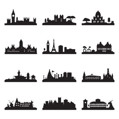 Naklejka premium Explore Famous Building Silhouettes A Collection of Global Landmarks
