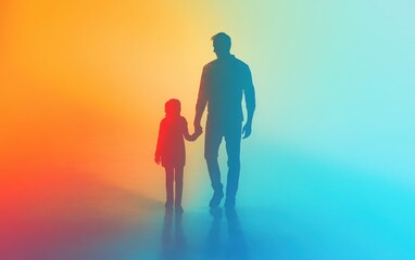 Happy Father's Day poster with abstract 3D digital art of a father and child silhouette, set against a simple and vivid gradient background 
