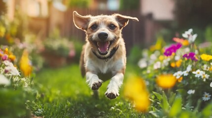 Happy dog with a big grin, running through a flower-filled garden
