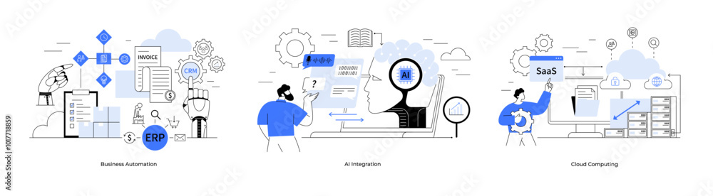 Poster business automation with erp, ai integration with machine learning, and cloud computing with saas so