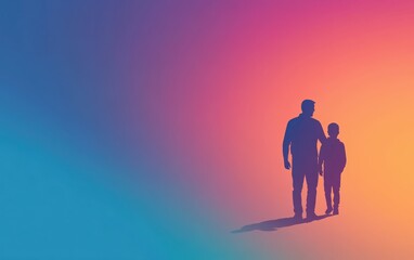 Vivid gradient background with a minimalist 3D digital illustration of a father and child silhouette for a Happy Father's Day card banner poster 