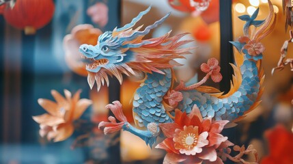 Intricately Crafted Paper Dragon with Flower Accents