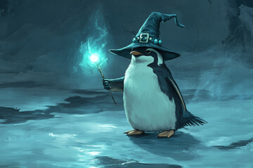 Obraz premium A penguin holding a sparkling candle stick, symbolizing Halloween Day.