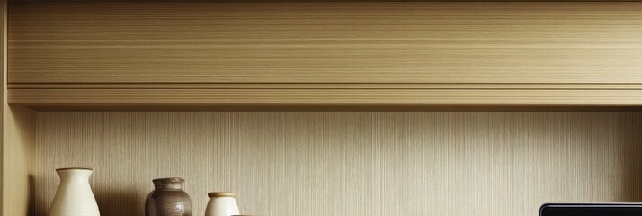 A minimalist shelf display featuring various pottery pieces against a textured background.