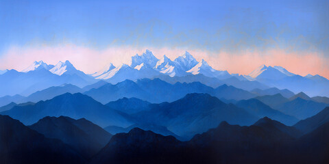 Fototapeta premium A stunning panorama of a mountain range with snow-capped peaks, layered in shades of blue against a clear sky.