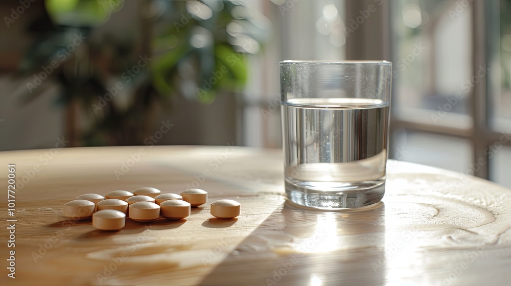 Aufkleber tablets are arranged near a glass of clear water on a wooden tabletop, illuminated by soft light com