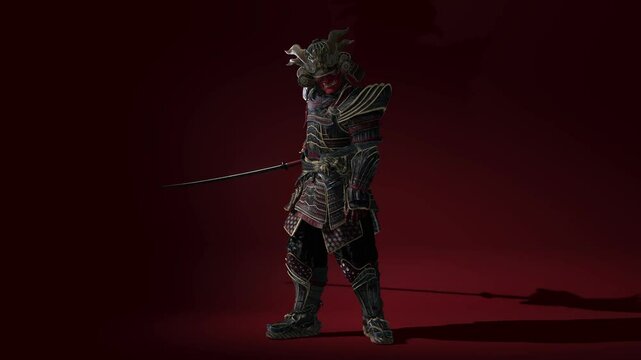 Armored Samurai with red glowing eyes swing and wrap around a katana with badass look