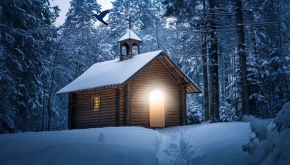A small wooden chapel nestled in a snowy forest, with a white dove flying overhead and a warm light glowing from inside.