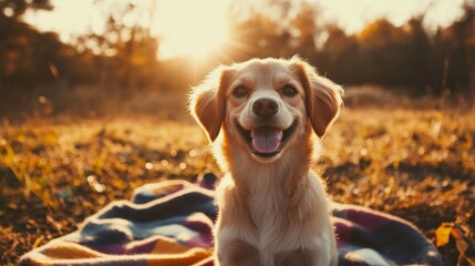 Smiling dog with a bright grin, sitting on a picnic blanket in a sunlit park